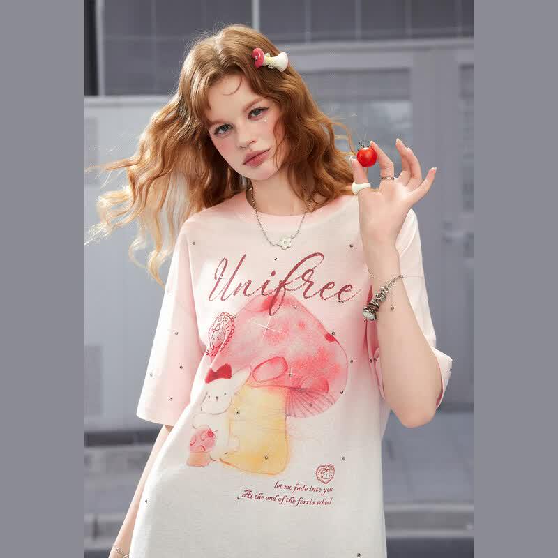UNIFREE 2026 Summer Tie-Dye Mushroom Print Loose T-Shirt