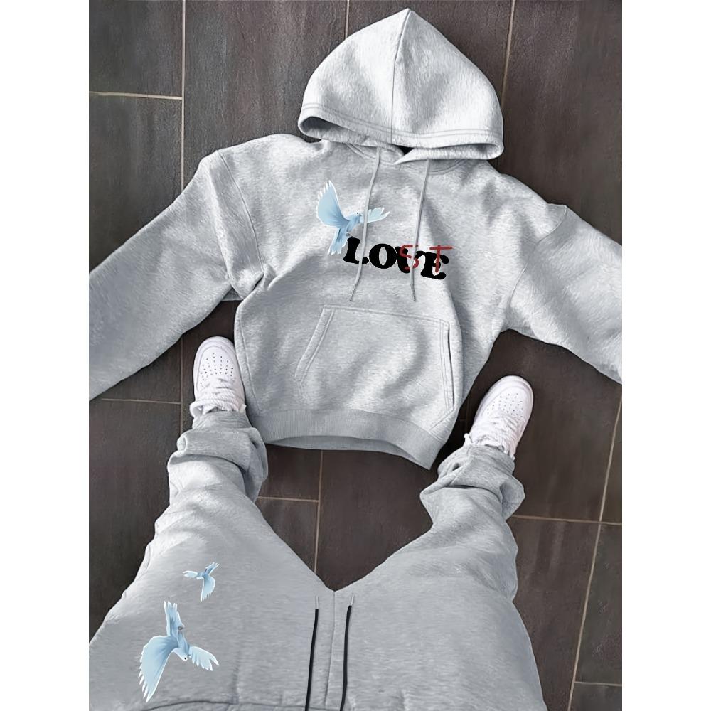 Men's Autumn and Winter Two-piece Hoodie Set, Classic Pattern Print Versatile Hooded Hoodie, Casual Sports Pants Two Piece Set Combination