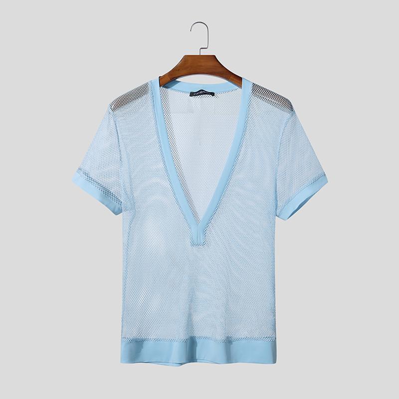 INCERUN Summer Men V Neck Short Sleeve Mesh See Through Hollow T-shirts Tops