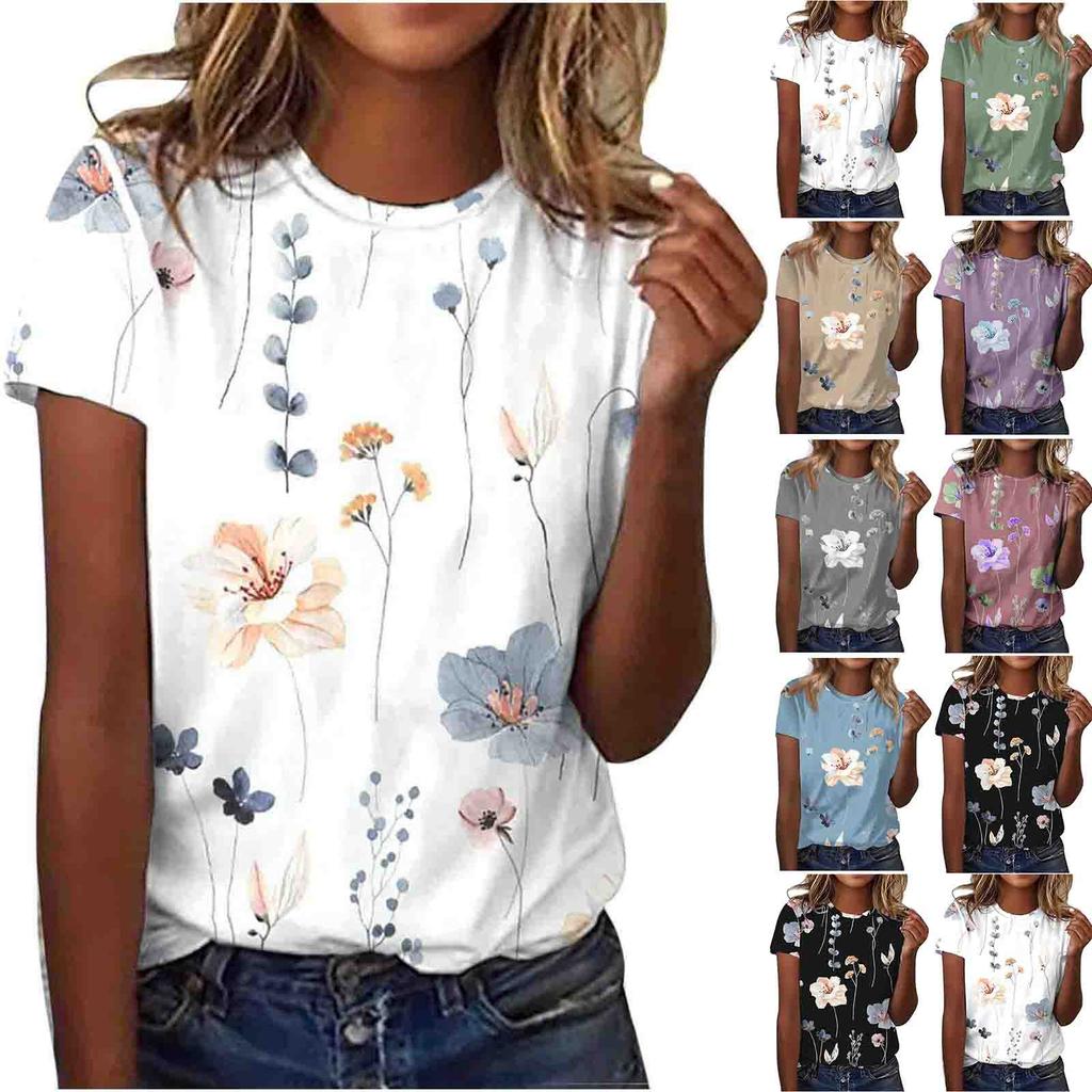 Women's Fashion Casual Short Sleeve Flower Print Round Neck Pullover Top Blouse