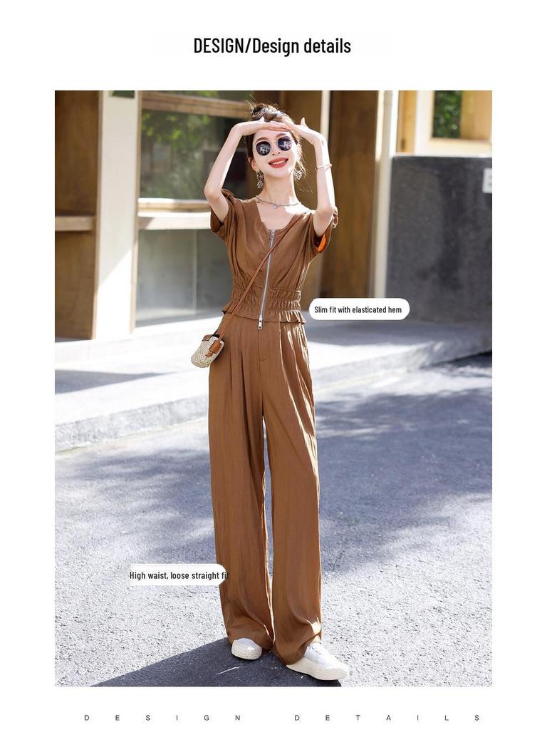 Summer 2024 Women's Two-Piece Suit: Chic Casual Tops & Wide-Leg Pants