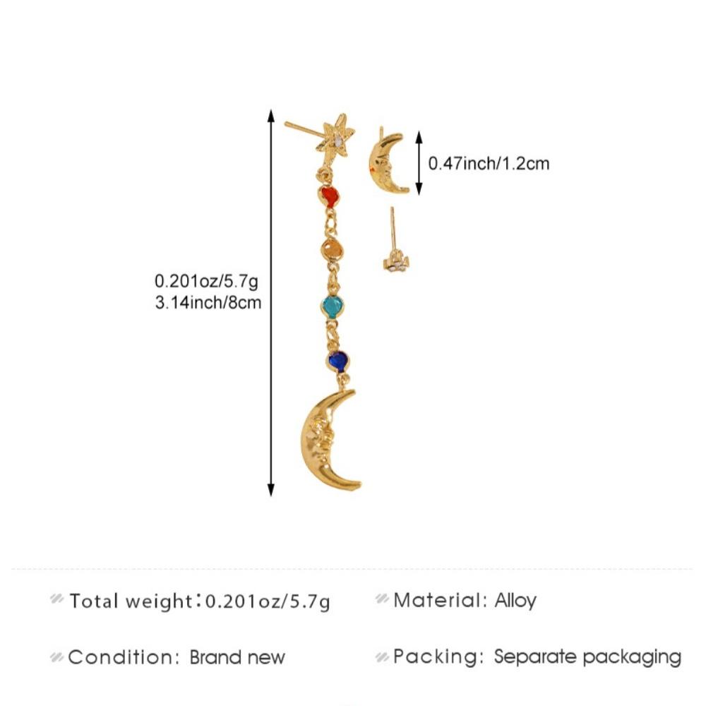 Fantasy Moon Star Colorful CZ Dangle Earrings Set Gold Tone Long Tassel Drop Stud Earrings Set for Women Face Slimming Jewelry