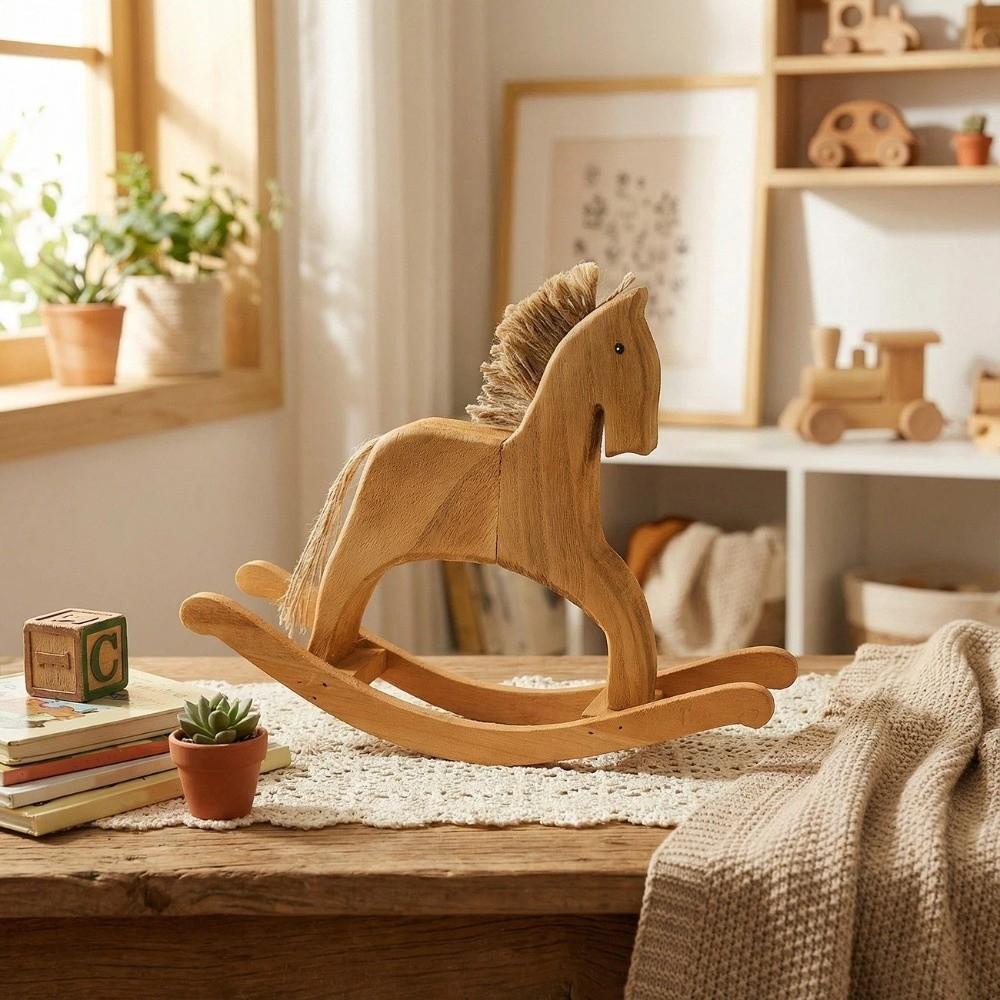 Handmade Rocking Horse Ornaments Retro Style Lifelike Wood Carving Horse Hand Carved Decorative Wooden Horse Figurine Office