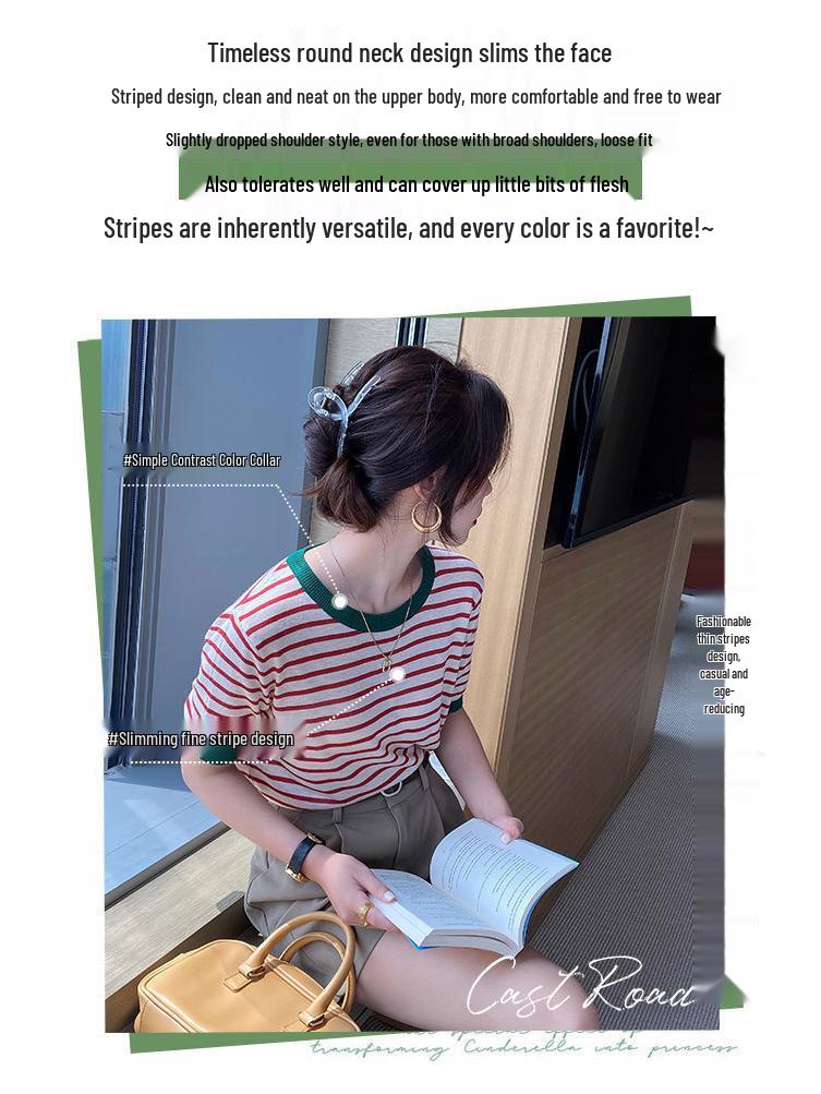 Ice Silk Short-Sleeve Knit Striped T-Shirt for Women, Plus Size Korean Style Summer Chic Top