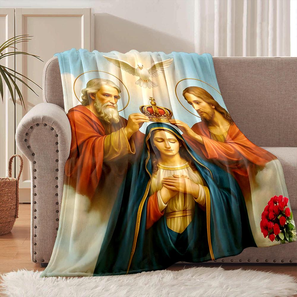 1PC Crowning of Mary Holy Spirit Faith-printed Flannel Blanket Soft and Warm Suitable for Home Travel Picnics Camping and RV