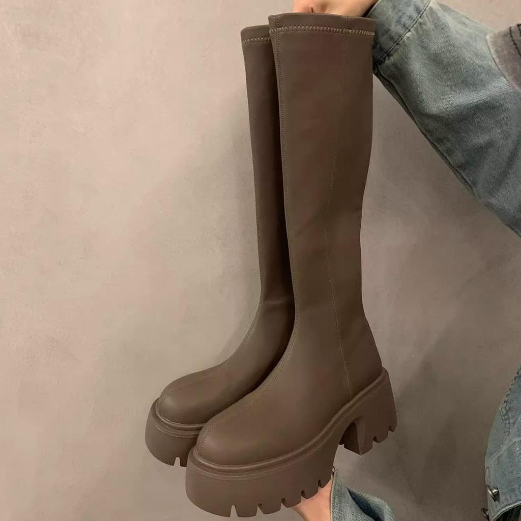 Fashion 2025 New New Round Head Thick Sole Retro Heightening Mid-calf Boots with Velvet Warm and Comfortable Fashion Show Boots