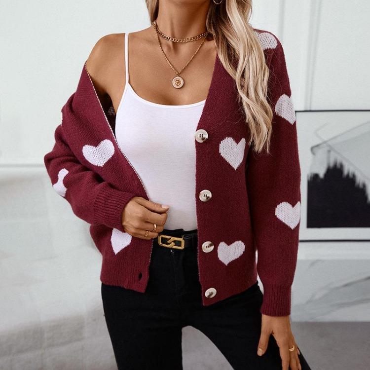 Loose Knitwear V Neck Cardigan Long Sleeve Sweater Top Autumn Winter Vintage Print