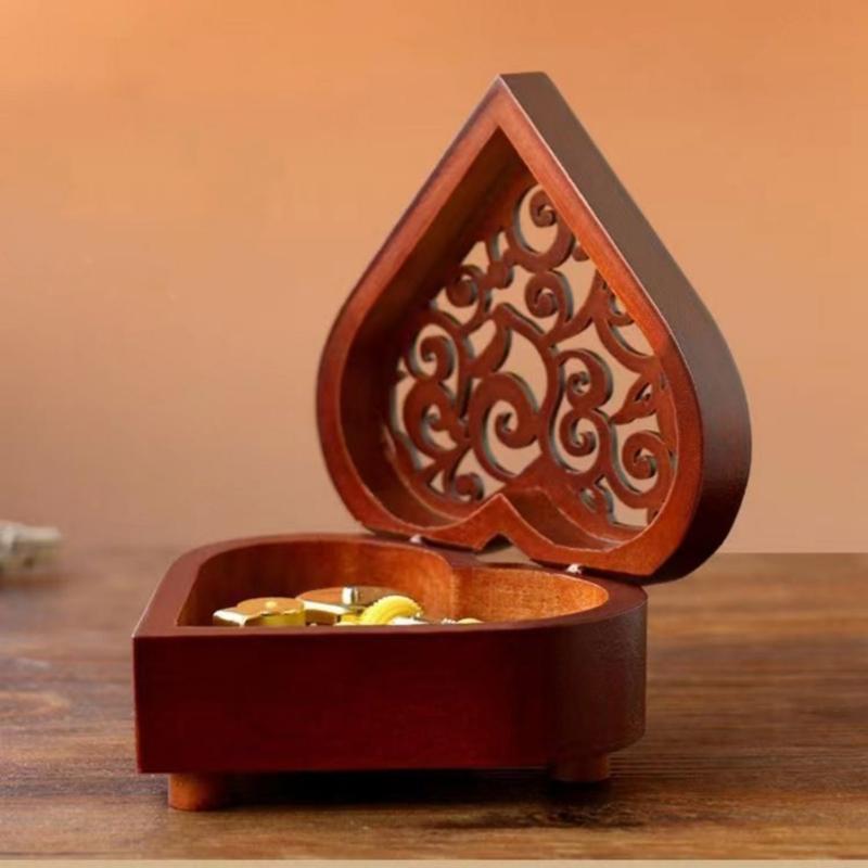 Wind Up Music Box,Heart Shape Retro Wooden Carved Mechanism Musical Box Gift for Lover Girlfriend Wife Husband
