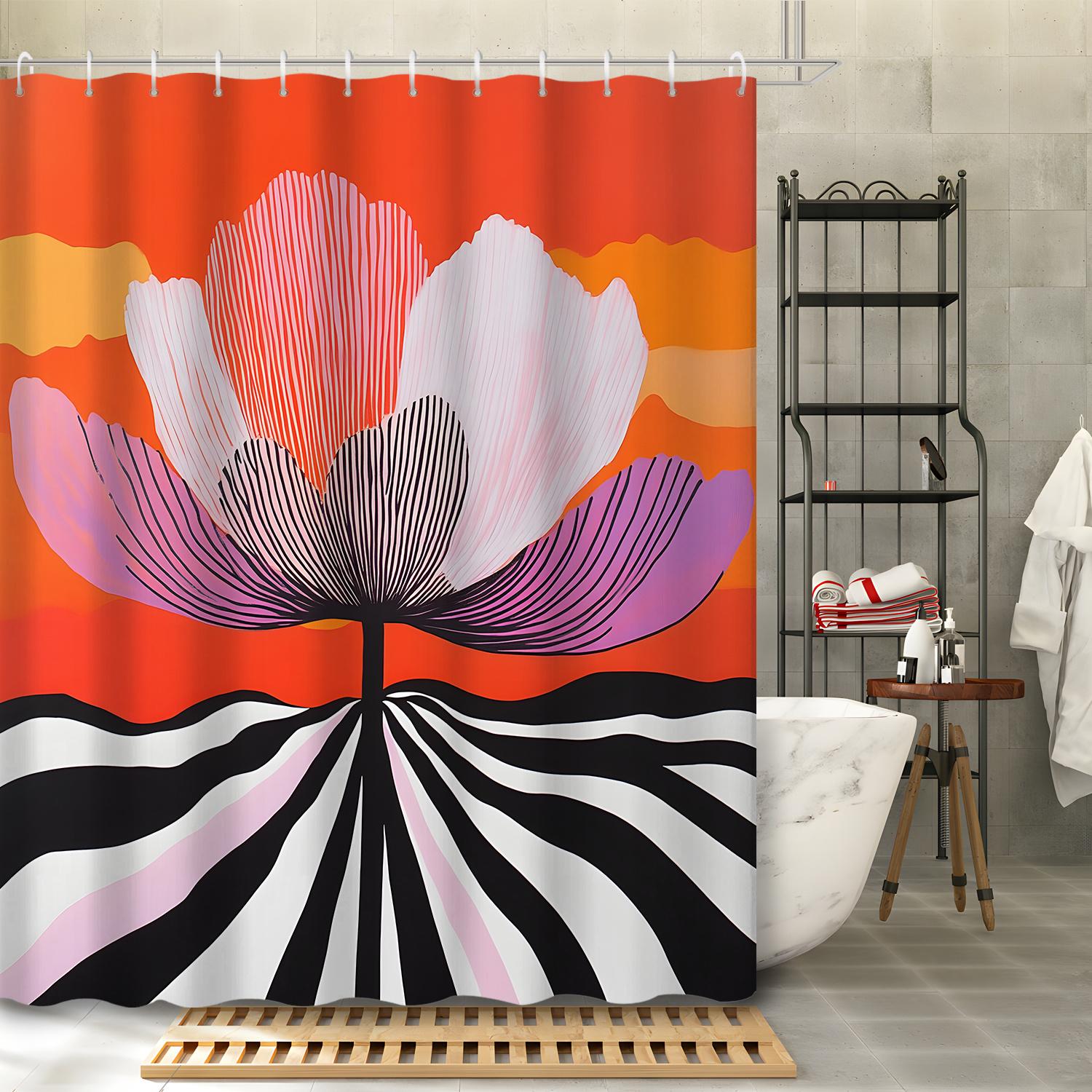 1pc Black and White Wave Pattern Natural Flower Plant Shower Curtain, Decorative Bathroom Partition Curtain, Includes Hooks 90x180cm35x71in