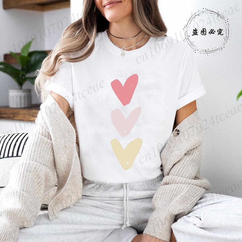 Womens Heart Print TShirt clothes Y2K Fashion Funny Leopard heart Design Casual Short Sleeve Top 90s Style Girls Clothing S