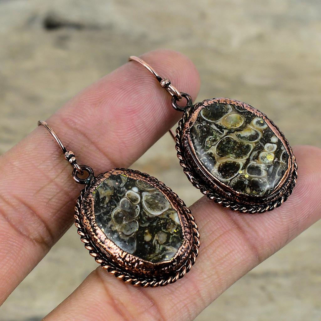 Turritella Agate Earring Electroformed Copper Earrings Antique Jewelry Real Gemstone Earrings Gifts For Wife Handmade Electroformed Jewelry