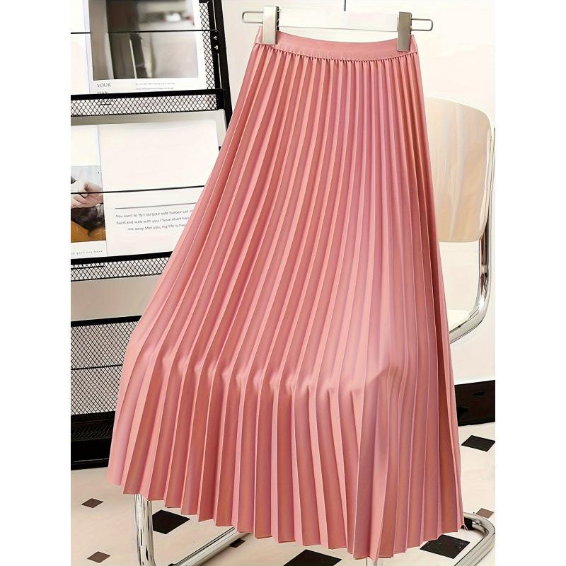 Women's Boho Satin Metallic Pleated Skirts Elastic High Waist Flowy A Line Skirt High Elastic Waist Pleated Chiffon Skirt Midi Swing A-line Skirts