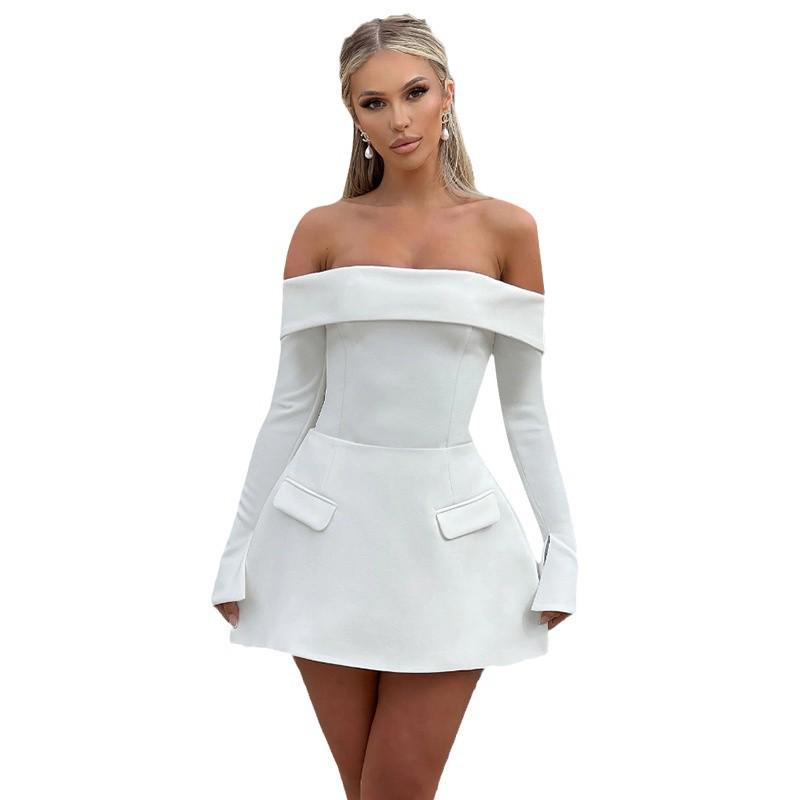 Women's Backless Off-Shoulder Long Sleeve A-Line Dress - Autumn European & American Fashion