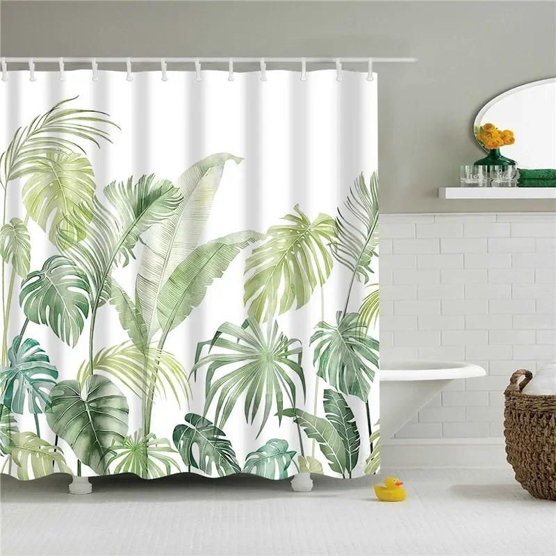 Tropical Green Plant Palm Leaves Bathroom Accessories Set Shower Curtain Bathroom Curtains Waterproof Polyester with Hooks