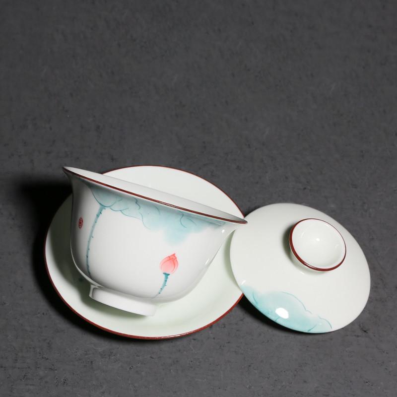 120ml Chinese White Porcelain Gaiwan Handmade Lotus Pattern Ceramic Teacup Travel Portable Tea Tureen Household Tea Bowl Teaware