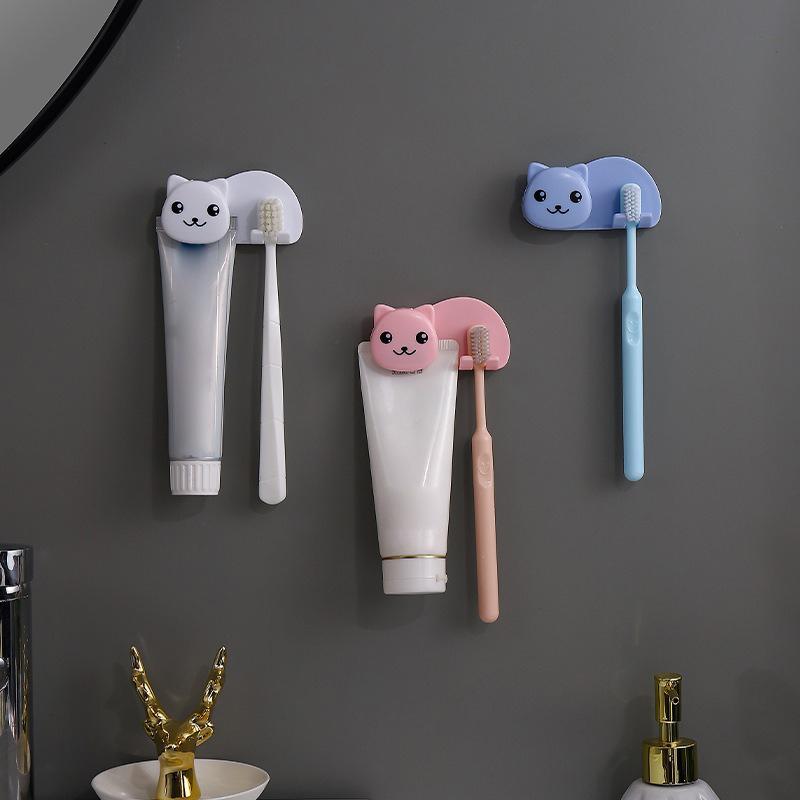Plastic Cat Shaped Toothbrush Holder Non Perforated 2 In 1 Toothbrush Toothpaste Rack Wall Mounted Facial Cleanser Storage Clip