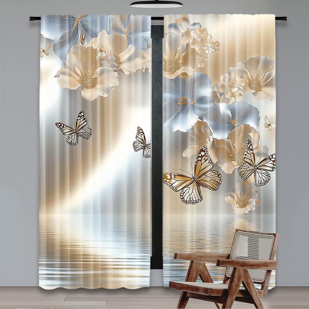 2Pcs Floral Curtain Nature Theme Wild Flowers Monarch Flying Butterflies Lily On Lake Therapy Spa Suitable For Living Room And