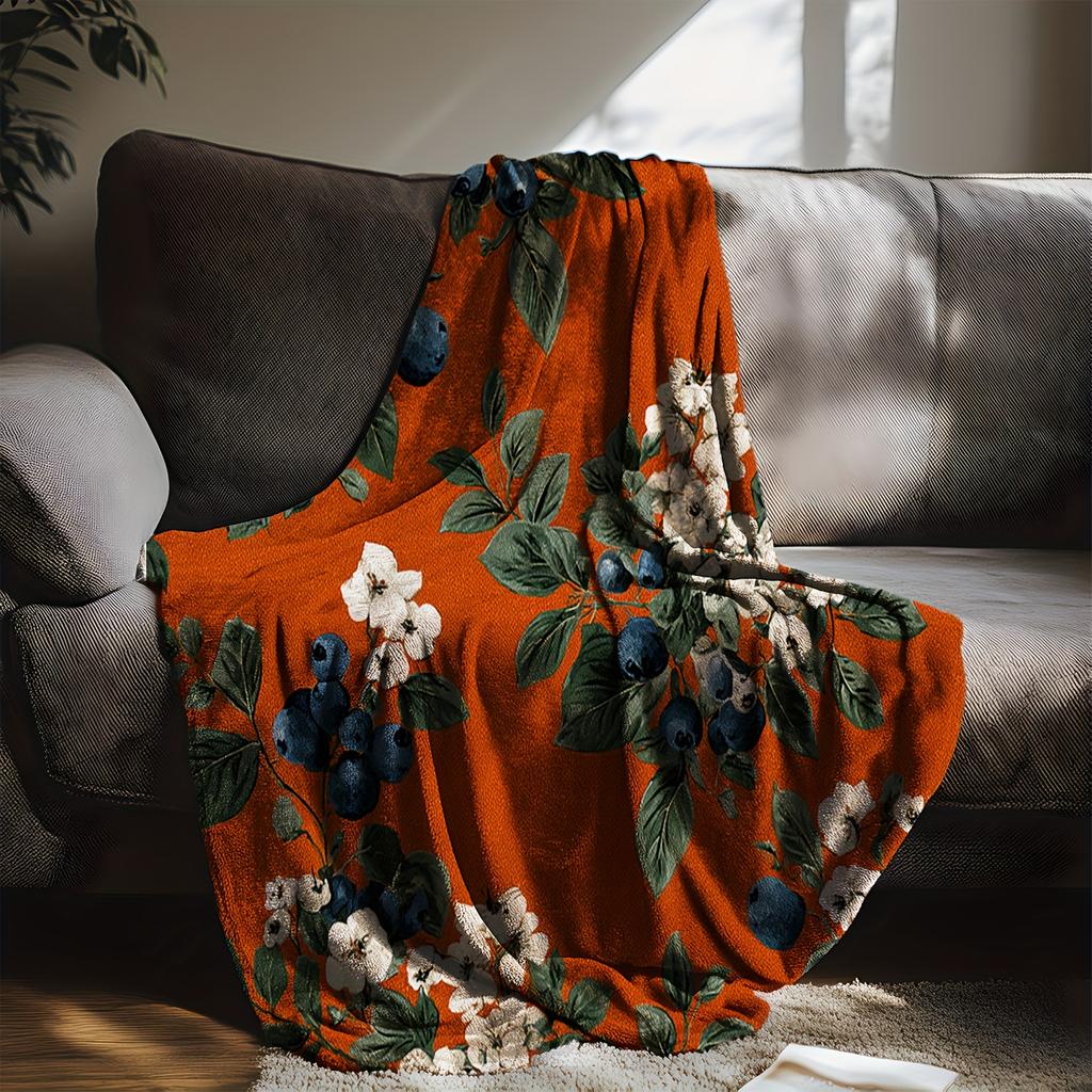 1pc Zeal Lily Vintage Floral Throw Blanket - Soft Flannel All-Season Warmth, Cozy Orange & Navy Blue with White Flowers & Green