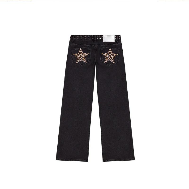 Euro-American Leopard Star Rivet Deconstructed Y2K Wide-Leg Jeans for Women Medium