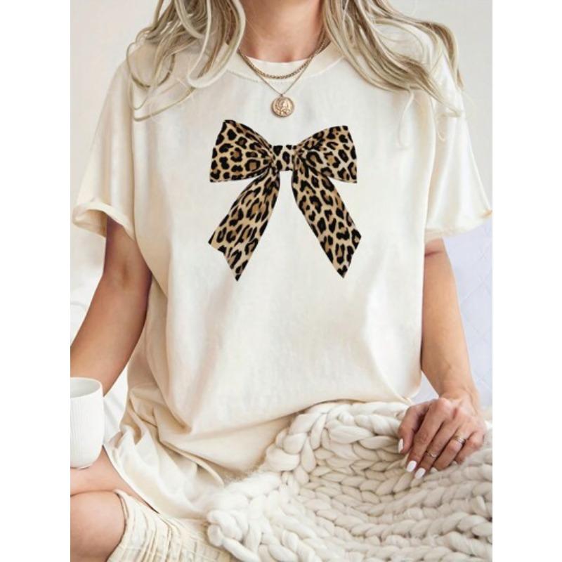 Ladies Casual Round Neck Tshirt Leopard Print Big Bow Black Top Loose and Comfortable Plus Size Short Sleeved Shirt
