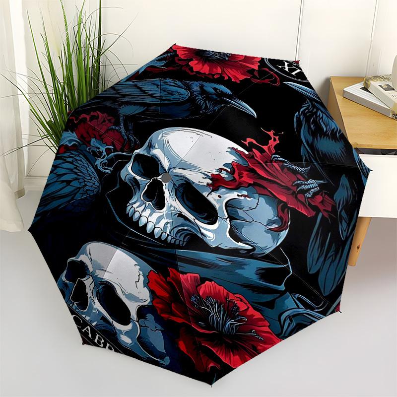 1pc Skull RavenOpen/Close Umbrella-Windproof, Compact Travel Umbrella, Sturdy 8-Rib Shaft, Outdoor Accessory, 1133