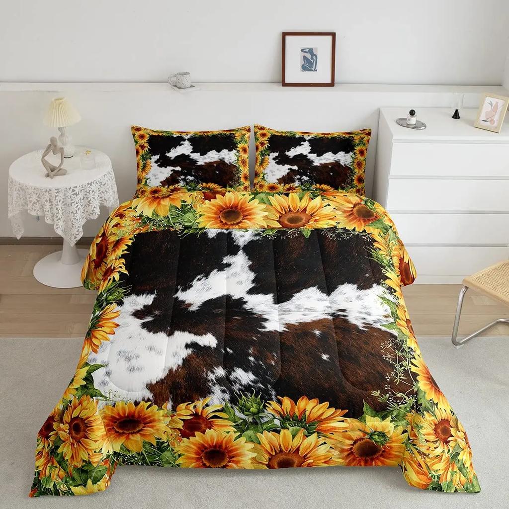 Cow Print Cow Skin Sunflower Soft Duvet Cover Carton Black plus White Beding for Women Children Kids Young Boys Young Girls Gifts for Bedrom Decoratio