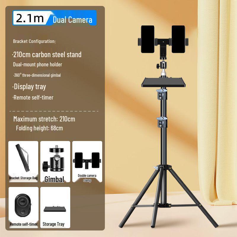 Dual Phone & DSLR Live Streaming Tripod with Multi-Camera Mount, Selfie Light, and Fill Lighting for Photography & Streaming