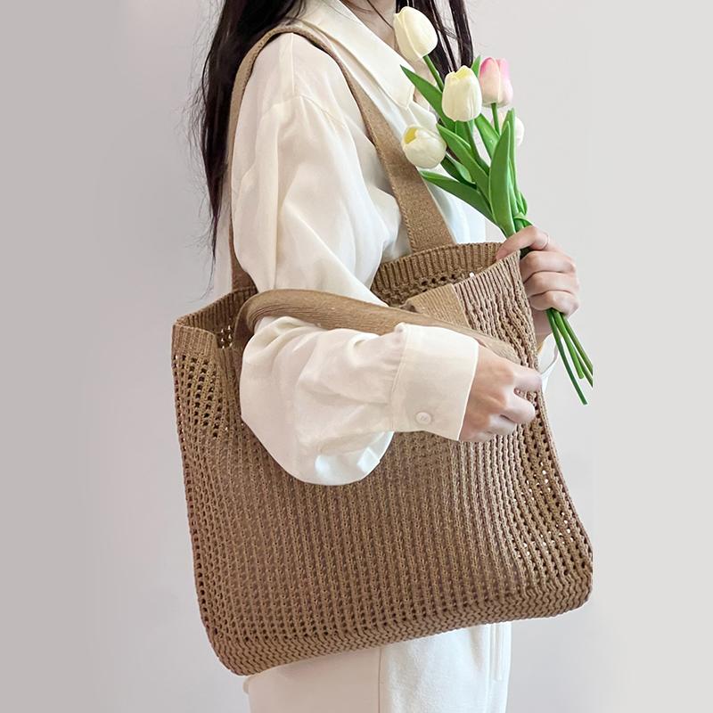 Wool Large Capacity Knit Shopping Shoulder Bag for Women Hollow Out Crochet Girls Tote Bag