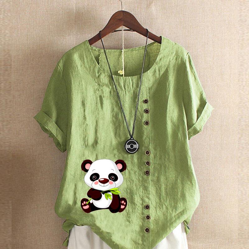 

Женская мода, футболка с круглым вырезом и коротким рукавом с милым принтом панды, повседневная хлопково-льняная рубашка с рисунком, свободная летняя блузка для отдыха, топы больших размеров 5XL зелёный