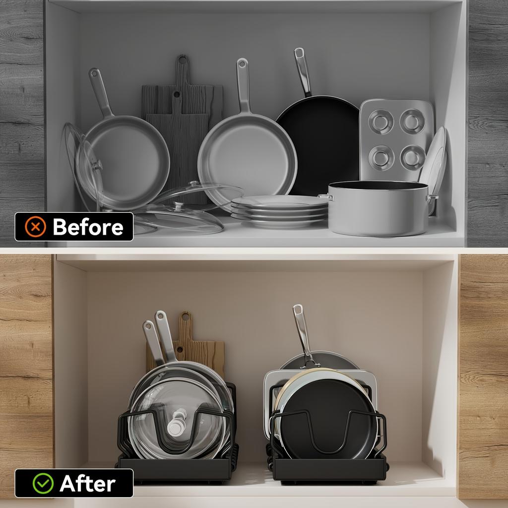 Pull Out Pot Lids Organizer Rack, 2pcs Pots and Pans Organizer for Under Cabinet, Pot Lid Holder with 8 Adjustable Compartment for Kitchen Cabinet