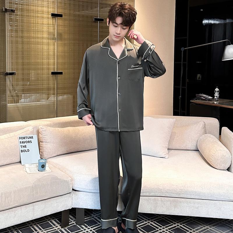 Ice silk couple pajamas women's new spring and autumn long-sleeved trousers simple cardigan can be worn outside men's loungewear suit