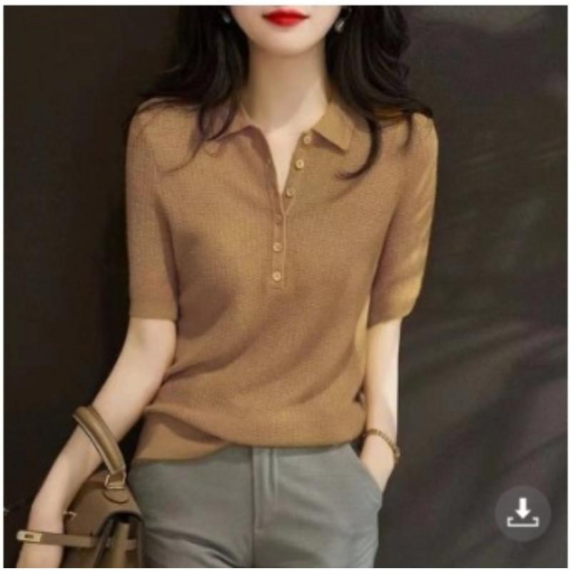 Women's Ice Silk Short Sleeved T-shirt Summer Thin Polo Collar Knitted Top