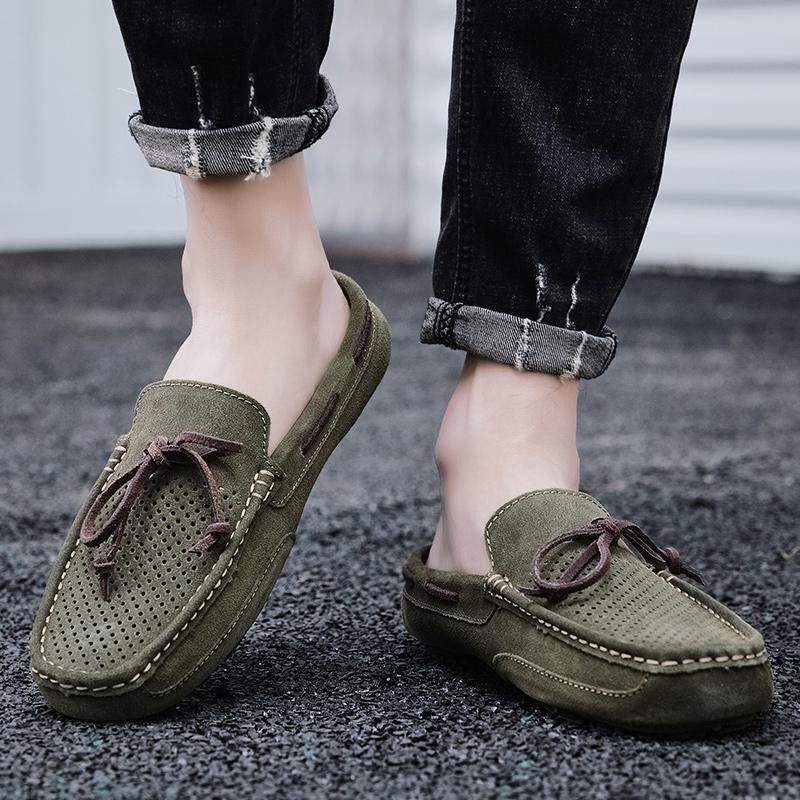 Summer Suede Leather Mules Men Backless Loafers Slippers Slip on Flats Green Casual Shoes Half Shoes for Men Large Size 46 47
