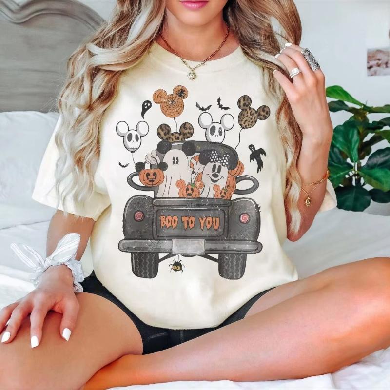 

2026 New Vintage Mickey Minnie Ghost Balloon Halloween Print WoUnisex High Quality Loose Plus Size Short Sleeve Top S