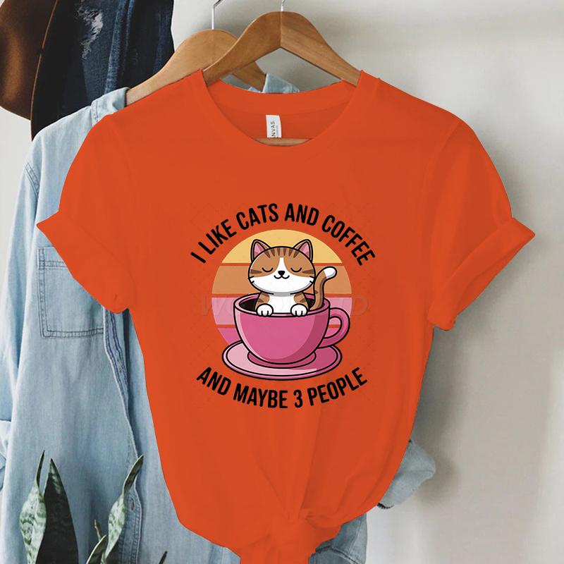 Kawaii Cat Coffee Lover T Shirt I Like Cats and Coffee Classic Top Tees Crew Neck Summer Clothes Coffee Lover Gift Cat Mom Shirt
