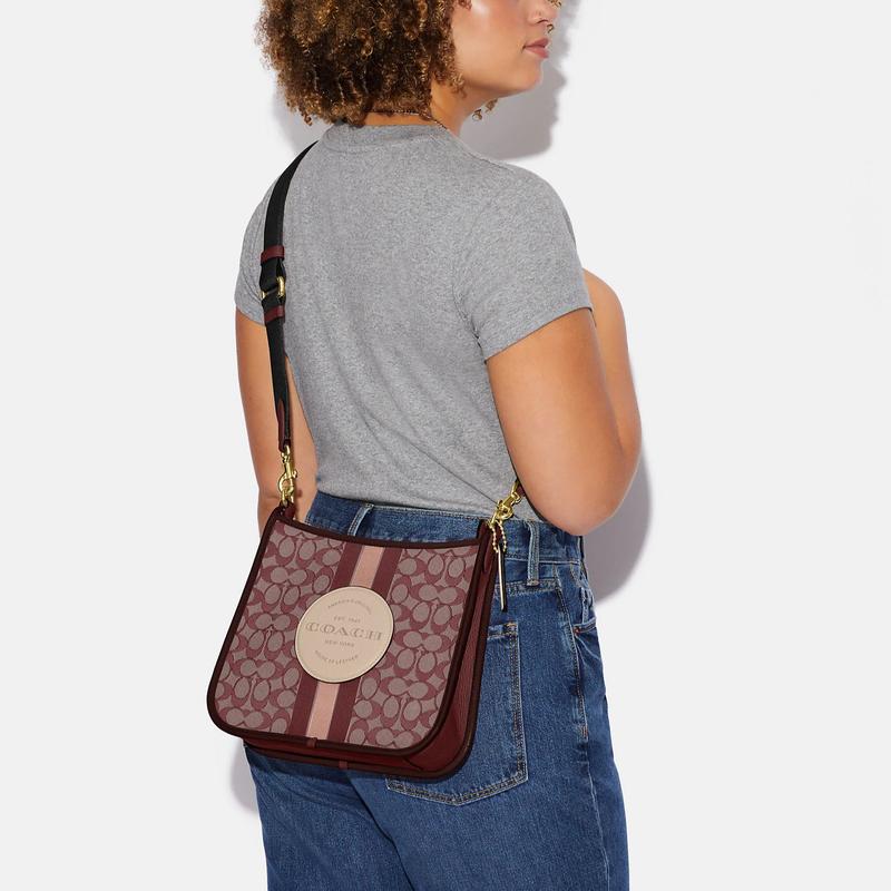 COACH Dempsey 27 classic old flower jacquard zipper closure logo patch fabric with cow leather crossbody bag large size women's red brown
