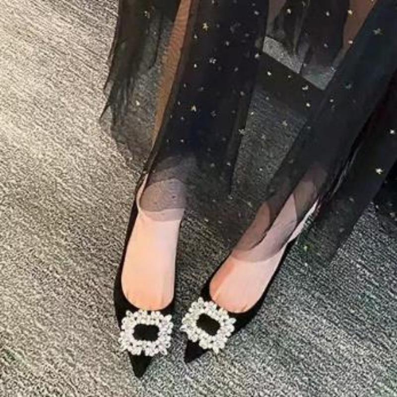 Fashion New Style Women Shoes Fashion Rhinestone Square Buckle Bridesmaid Wedding Shoe Solid Flock Pointed Toe Stiletto Pumps High Heels