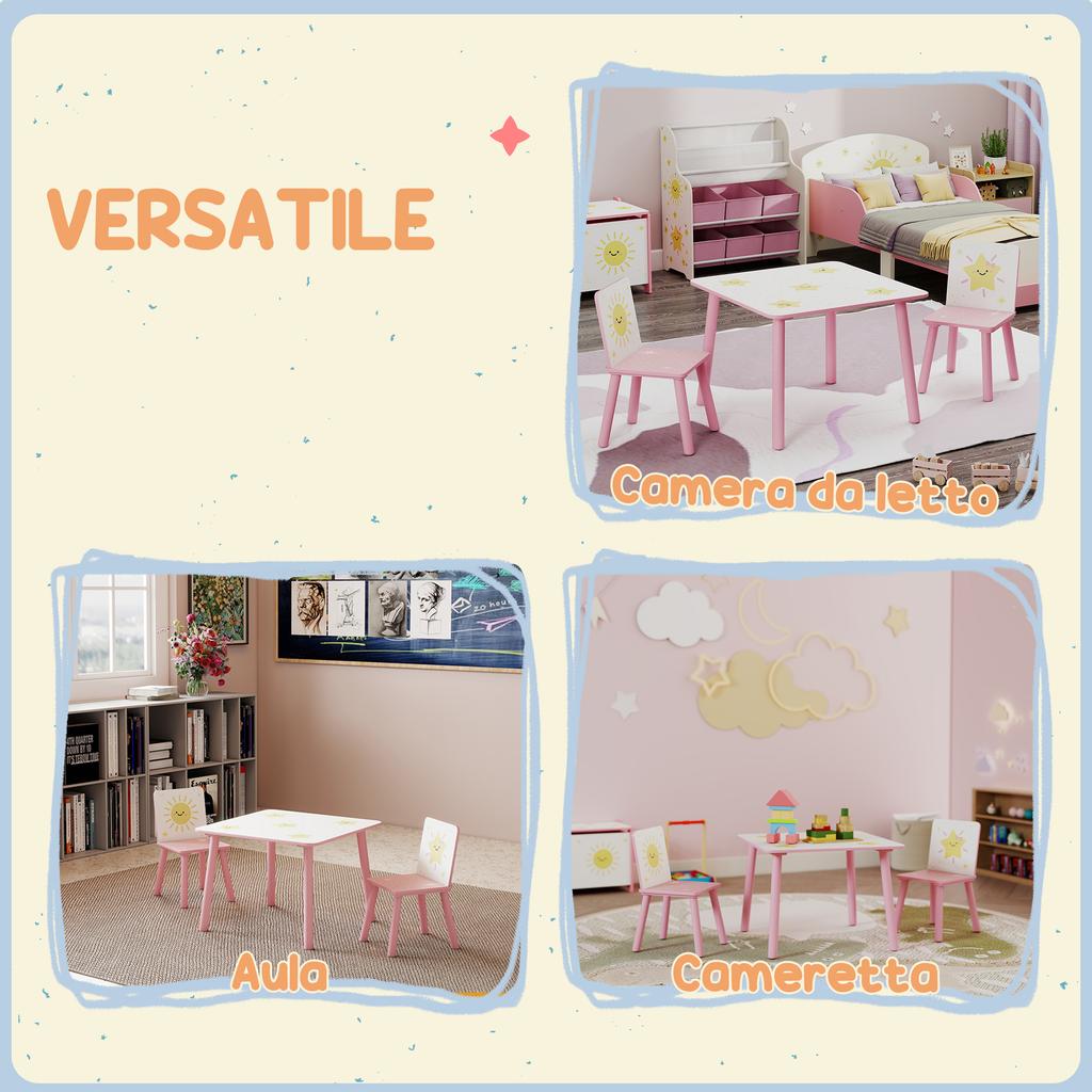 Children's Room Furniture Set with Table and 2 Chairs for Children Ages 3-8 with Star Pattern, Pink