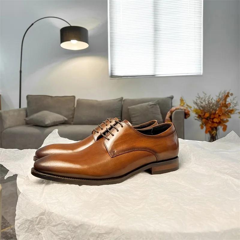 fashion Fashion Pointed Handmade Shoes New Business Casual Leather Derby Shoes for Men's British Lace up Cowhide Formal Wedding Shoes