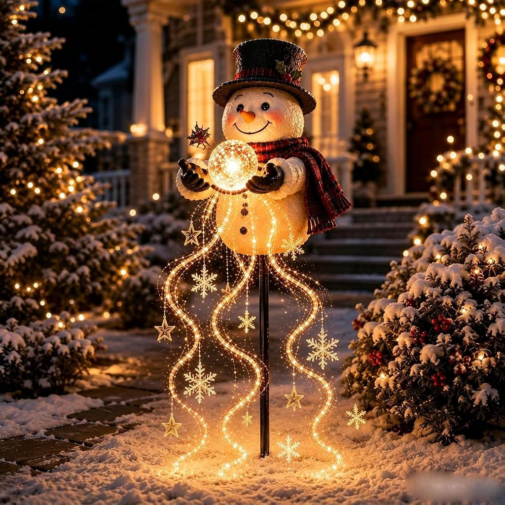 Snowman Light Fountain - Solar Powered Christmas Yard Decor with Flowing Snowflake LED Lights for Garden Pathway Porch Holiday Decoration