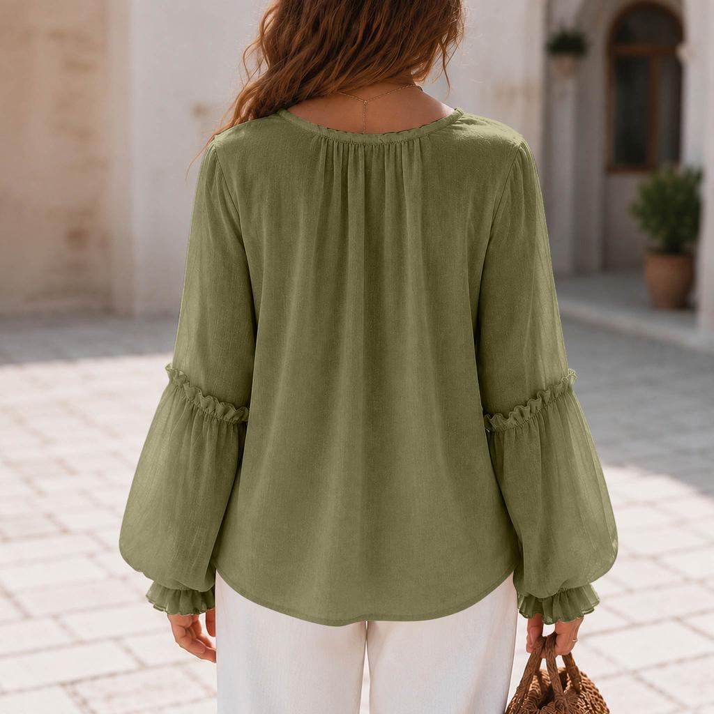 Women's Retro V-Neck Ruffle Blouse with Sleeves, Loose Fit Flattering Shirt