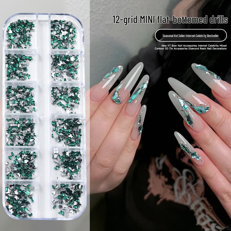 12-Grid Mini Nail Art Rhinestones, Colorful Irregular Champagne Crystals, Super Flash Flatback Nail Accessories.
