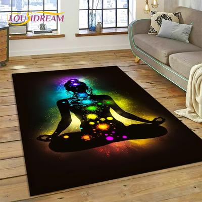 Tapete de meditação de ioga 3D arco-íris 7 chakras para decoração de sofá de sala de estar, quarto, jogo infantil, tapete de chão grande