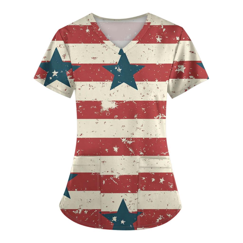 Women's Fashion V-Neck Short Sleeve Overalls With Pockets Independence Day Printed Tops  Clothes