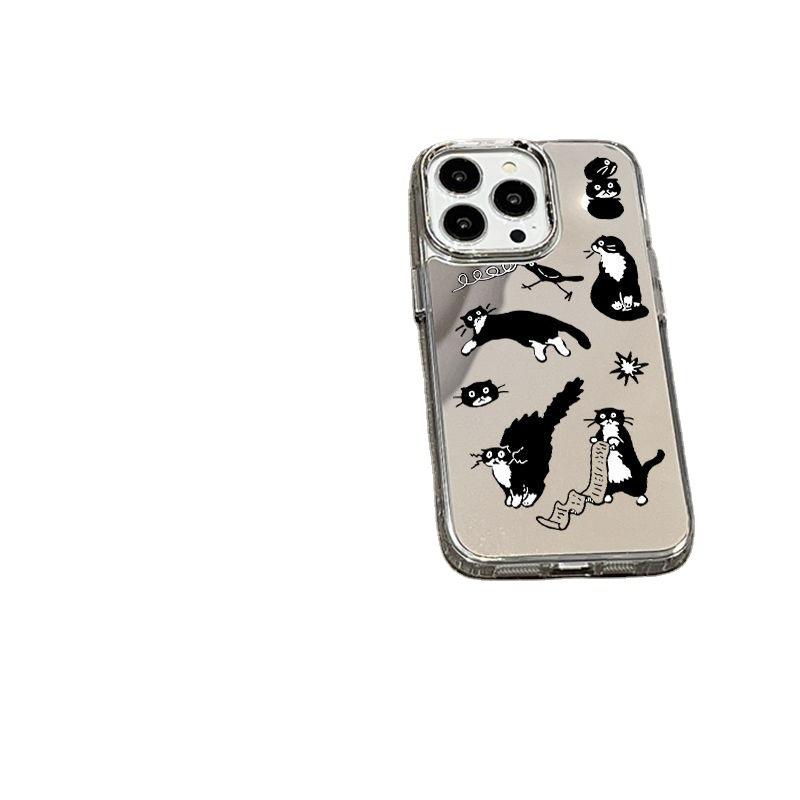 Little Black Cat Illustration Applies To iPhone17 Mobile Phone Case 16pro Electroplating Button 12 Apple 13 Mirror 15/14