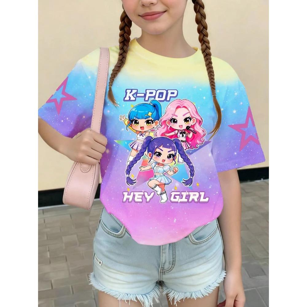Kpop Cartoon Graphic Girls T-Shirt Casual Round-Neck T-Shirt Suitable for Girls Kids Gift Short Sleeve Tops Children's Clothing