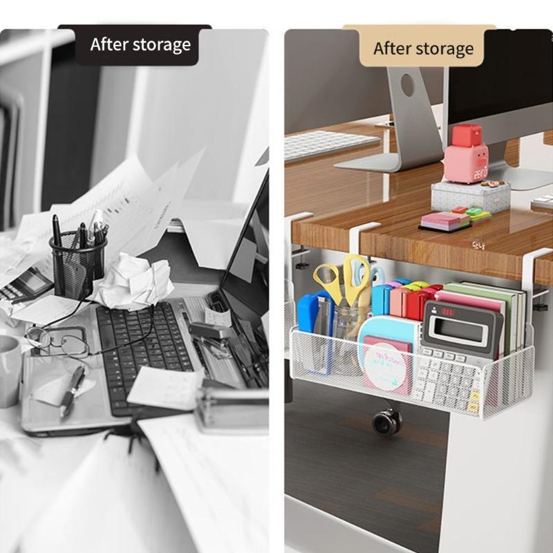 Space Saving Under Desk Basket Easy Install Under Desk Hanging Organization Basket Sturdy Carbon Steel Holder