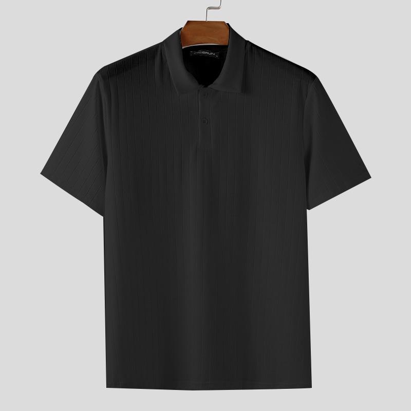 

INCERUN Summer Men Lapel Neck Short Sleeve Semi-Sheer Rib Casual T-shirts Tops S чёрный