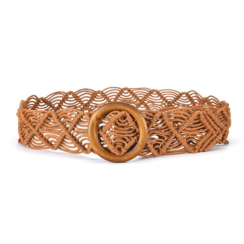 Retro Wax Rope Knotted Woven Wide Belt Belt Large Round Buckle Ethnic Style Super Wide Waist Seal Decorative Belt