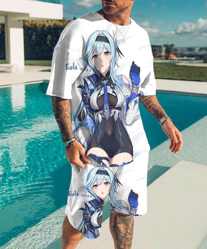 European and American cross-border new animation 3D digital original god printing men's T-shirt shorts set wholesale, short-sleeved set